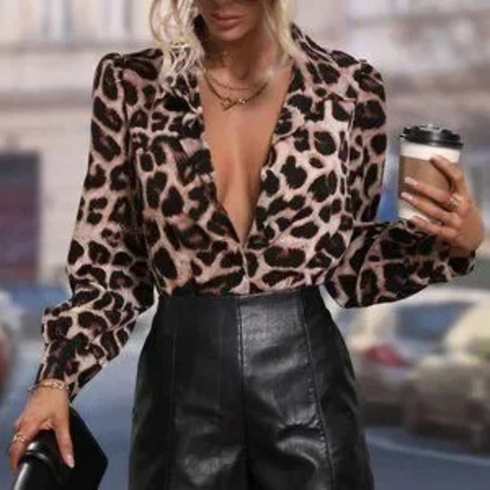 Brown Boho Womens Leopard Print Puff Sleeve Shirt